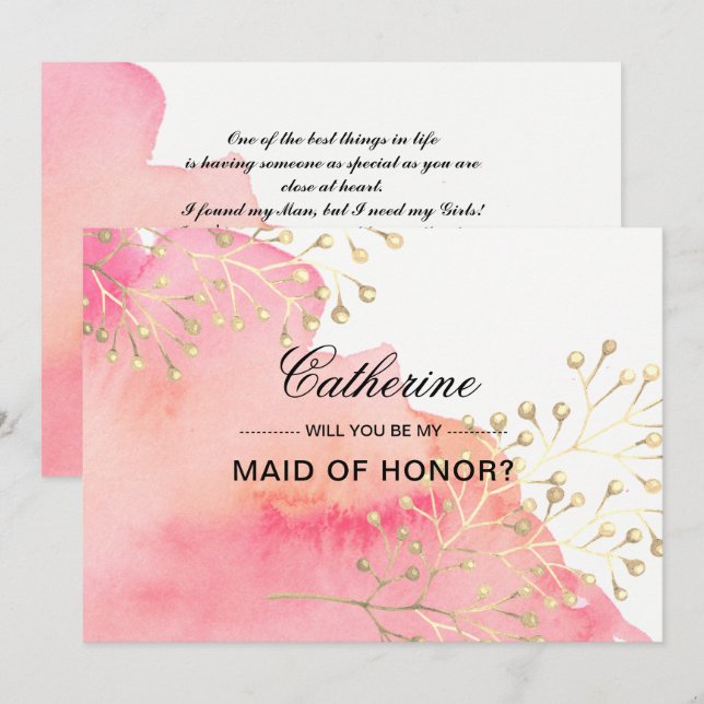 Kommer du att vara min Maid of honor? Rosa vattenf Inbjudningar (Fram/baksida)