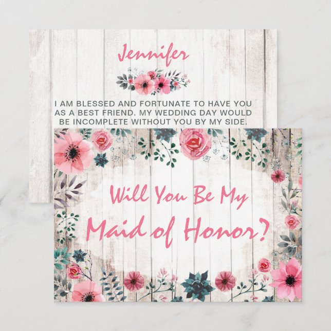 Kommer du att vara min Maid of honor Rustic Blommi Inbjudningar (Fram/baksida)