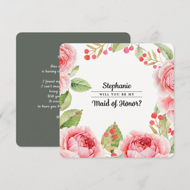 Kommer du att vara min Maid of honor? Vattenfärgad Inbjudningar (Fram/baksida)