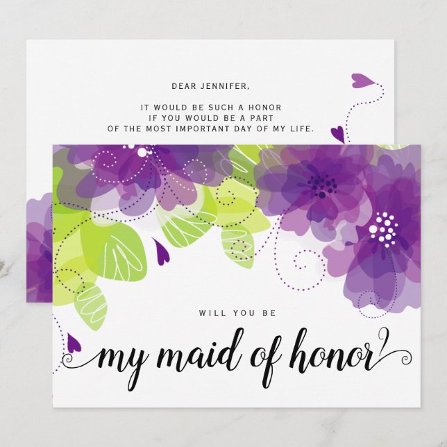 "Kommer du att vara mitt maid of honor" lila blomm Inbjudningar (Fram/baksida)