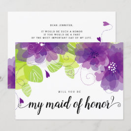 "Kommer du att vara mitt maid of honor" lila blomm Inbjudningar