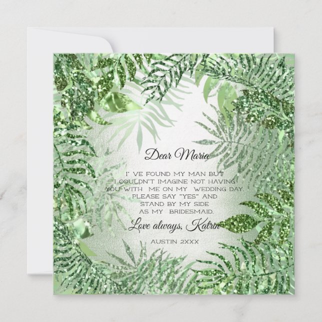 Kommer du Bridesmaid Tropical Glitter Mint Grönt? Inbjudningar (Framsida)