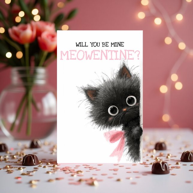 Kommer du vara min Meowentine? Söt Valententine  Helgkort (Will You Be Mine Meowentine? Cute Black Cat Valentine’s Day Card)
