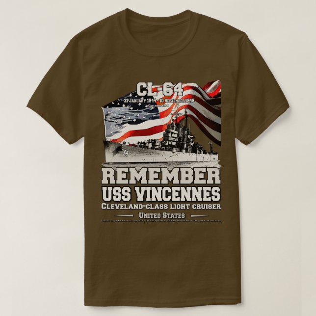 KOMMER IHÅG USS Vincennes CL64 kryssningsfartyg T Shirt (Design framsida)