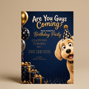 Kommer Ni? Rolig Hund Blå Födelsedagsfest Inbjudningar