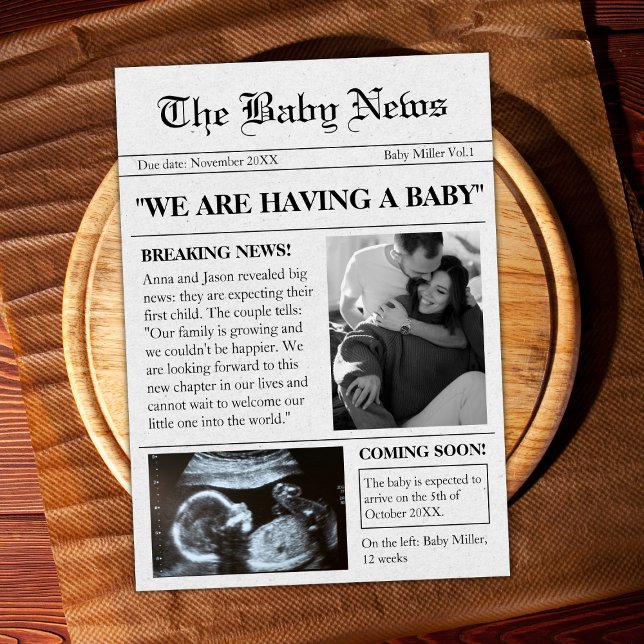 Kommer snart att publicera Gravid för nyhetsblad Inbjudningar (newspaper style pregnancy announcement coming soon ultrasound photo sonogram unique )