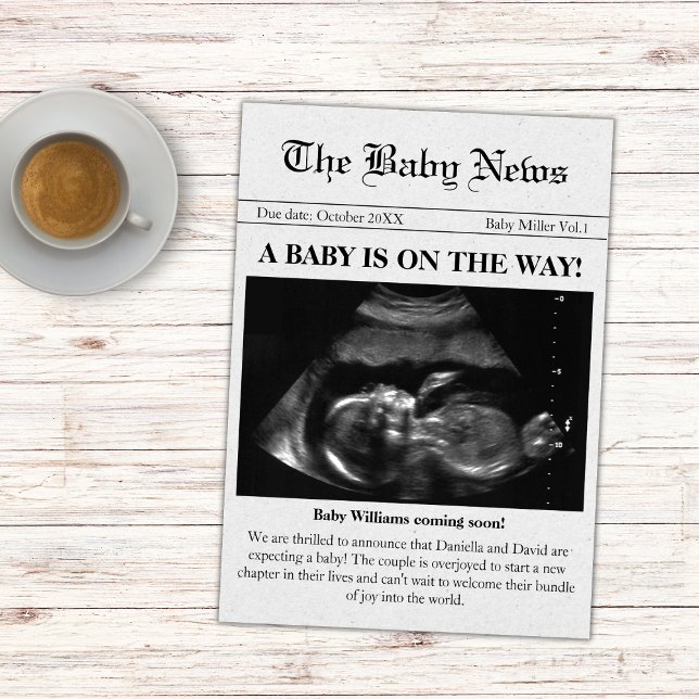 Kommer snart att publicera Gravid för nyhetsblad Inbjudningar (newspaper pregnancy announcement card sonogram ultrasound photo coming soon baby on the way)