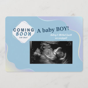 Kommer snart, blått meddelande om Photo Gravid Inbjudningar