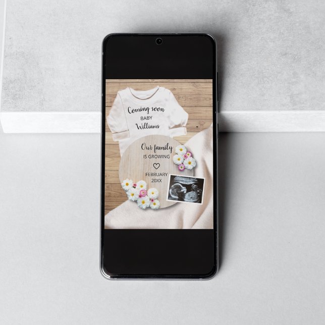 Kommer snart Blommigt Ultraljudsfoto-Gravid Meddelande (comin soon floral photo pregnancy announcement)