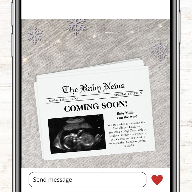 Kommer snart, Gravid för nyhetsbladets fotovinter Meddelande (coming soon winter newspaper style photo pregnancy announcement card ultrasound sonogram)