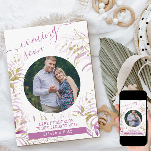 Kommer snart Moderskap Photo Elegant Rosa Foliage Meddelande