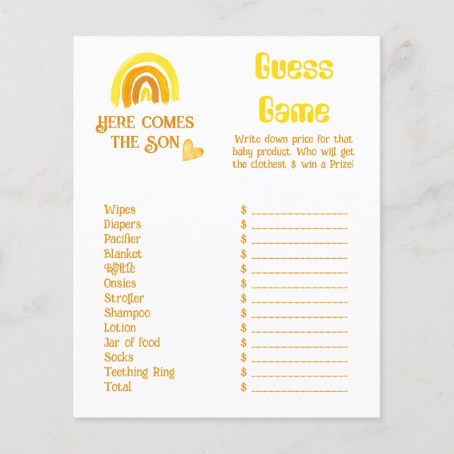 Kommer Son Sunshine Rainbow Baby Shower Prist spel (Framsida)