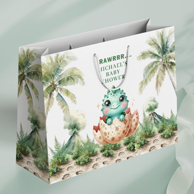 Kommer strax Blå Dino Baby Shower Presentpåse (Hatching Soon Blue Dino Baby Shower Gift Bag)