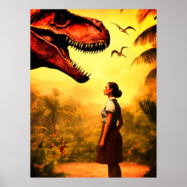 Kommer T-Rex att få flickan i skogen på väggen Poster (Framsidan)