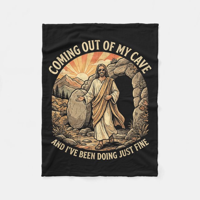 Kommer Ut Ur Grott Tröja Jesus Kristendomen Fleecefilt (Framsidan)