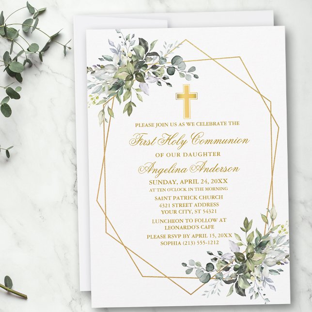 Kommunen Watercolor Greenery Geo Ram Guld Inbjudningar (Customize to change text color, size, style or to add photos or more text to back of card.)