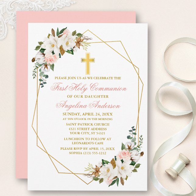 Kommunen Watercolor Magnolia Ro Geo Ram Inbjudningar (Customize to change text color, size, style or to change color of back of card.)