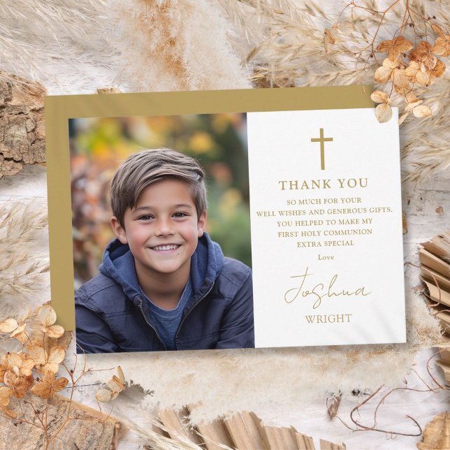 Kommuniation för första Heligan av Guld-skript Tack Kort (Gold Script Photo First Holy Communion Thank You Card)