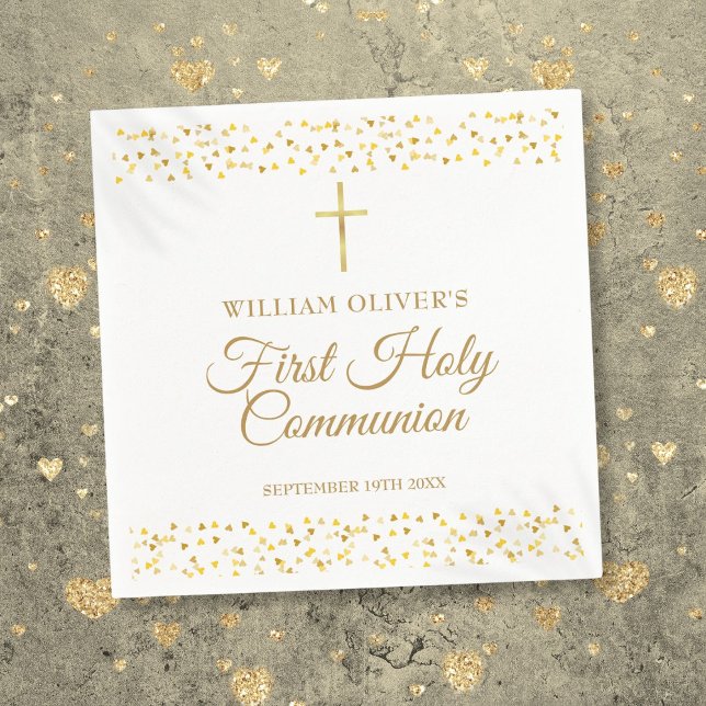 Kommuniformer Modern Guld Hearts första Heliga Pappersservett (First Holy Communion Modern Gold Hearts Napkins)