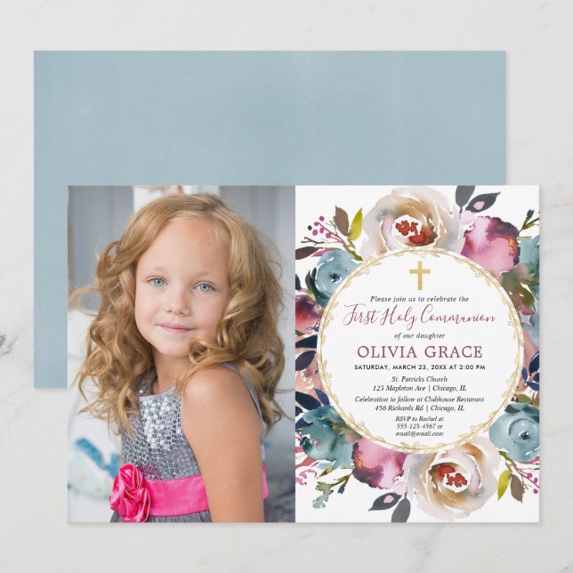 Kommunifoto för första Heligan i marinblå burgundi Inbjudningar (Fram/baksida)