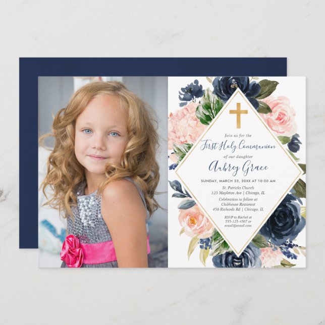 Kommunifoto för första Heligan i marinen  guld blo Inbjudningar (Fram/baksida)