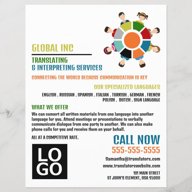 Kommunikationshjul, översättare & tolk reklamblad (Framsidan)