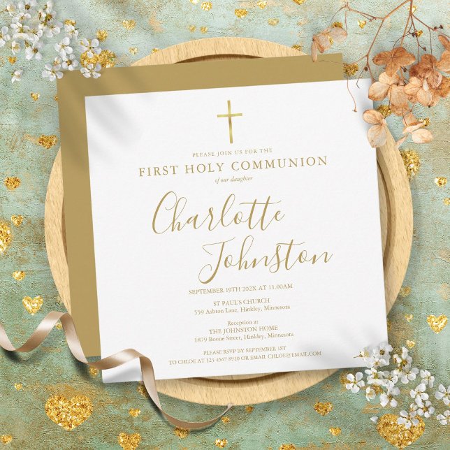 Kommunisiens första Heliga, Elegant Guld Namnteckn Inbjudningar (First Holy Communion Elegant Gold Signature Invitation)