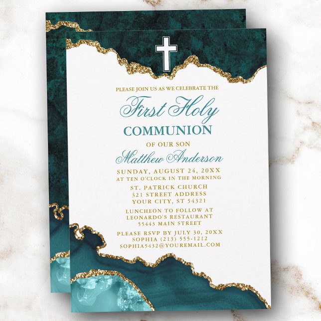 Kommunision Teal Guld Marble Geode, första Heligan Inbjudningar (Customize to change text color, size, style or to add more text or photos to back of card.)