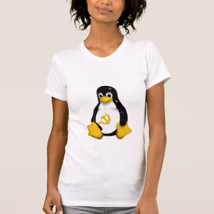 Kommunistisk pingvin (Linux) på kvinna vit Tee