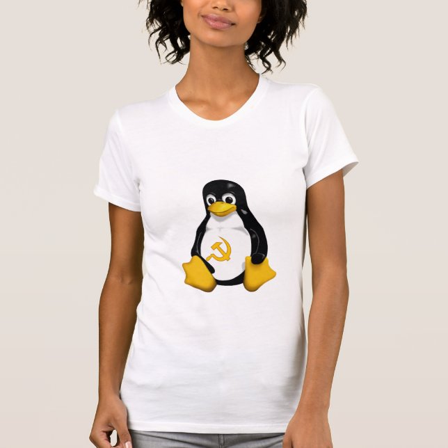 Kommunistisk pingvin (Linux) på kvinna vit Tee (Framsida)