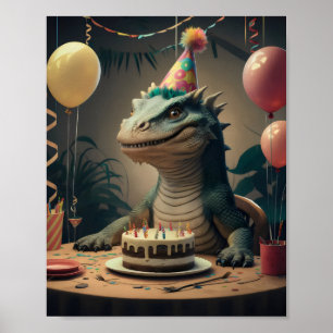 Komodo Dragon sitta vid bord med födelsedagstårta Poster