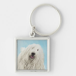 Komondor Painting - Cute Original Hund Art Fyrkantig Silverfärgad Nyckelring