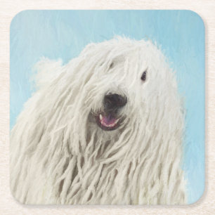 Komondor Painting - Cute Original Hund Art Underlägg Papper Kvadrat