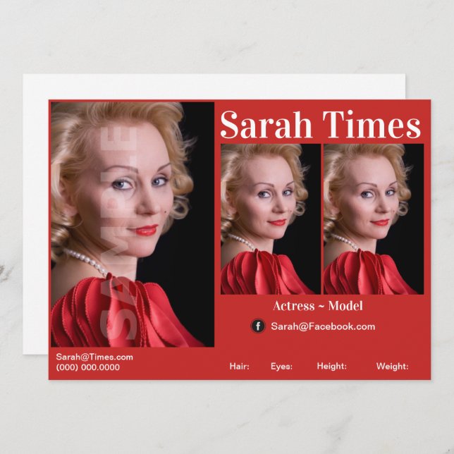 Komp.mall för huvudskott för Actor & Model Inbjudningar (Fram/baksida)