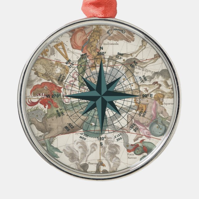 Kompass på en gammal karta julgransprydnad metall (Framsidan)