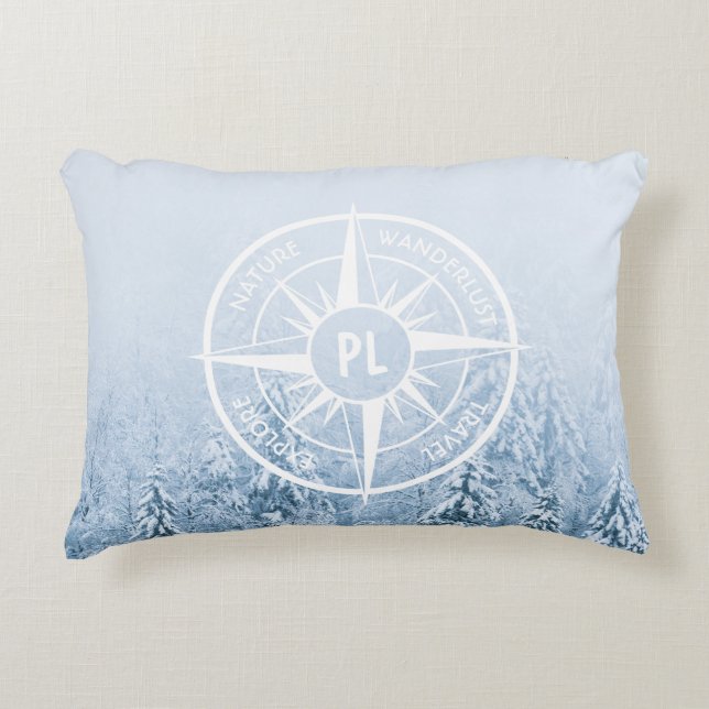 Kompass stjärna emblem monogram vinter gran skog prydnadskudde (Framsidan)