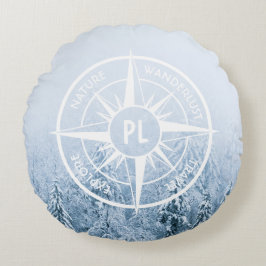 Kompass stjärna emblem monogram vinter gran skog rund kudde