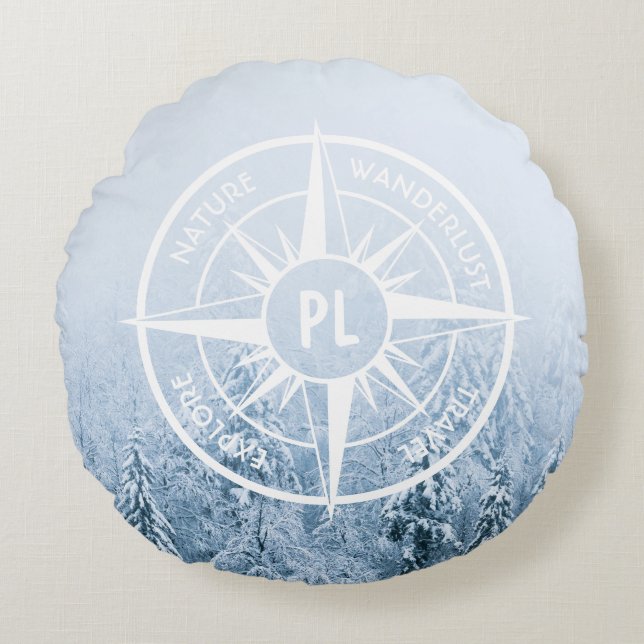 Kompass stjärna emblem monogram vinter gran skog rund kudde (Framsidan)