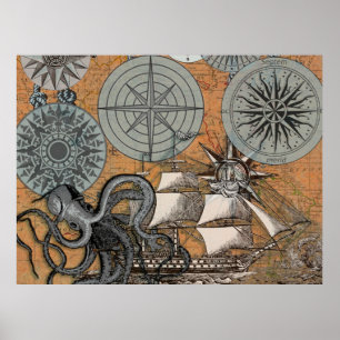 Kompassros Vintage Nautilus Bläckfisk Fartyg Poster