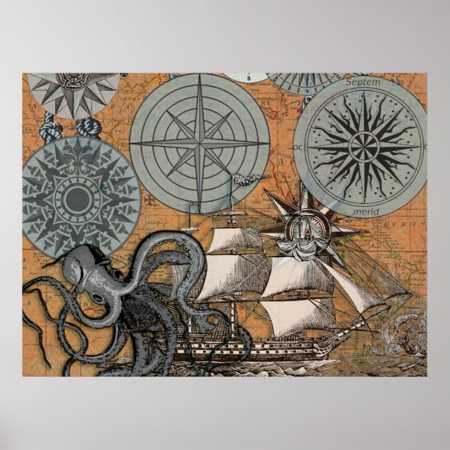 Kompassros Vintage Nautilus Bläckfisk Fartyg Poster (Framsidan)