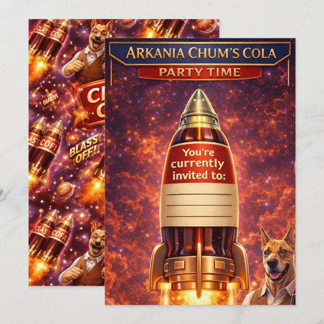 Kompisar: retro sci-fi rymdskepps födelsedagsinbju inbjudningar (Fram/baksida)