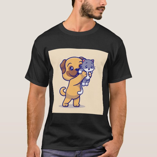 Kompisens klor: Söt Mops och Liten Katt Tecknad Fi T Shirt (Framsida)