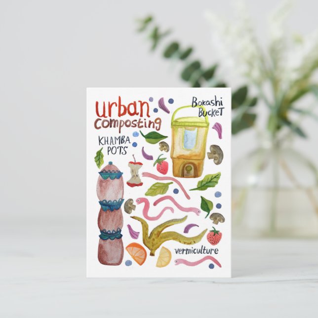 Kompostering Vattenfärg Konst Handskriven Ekologis Vykort (Stående Fram)