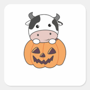 Kon i Pumpkin Cute Cows Happy halloween Fyrkantigt Klistermärke