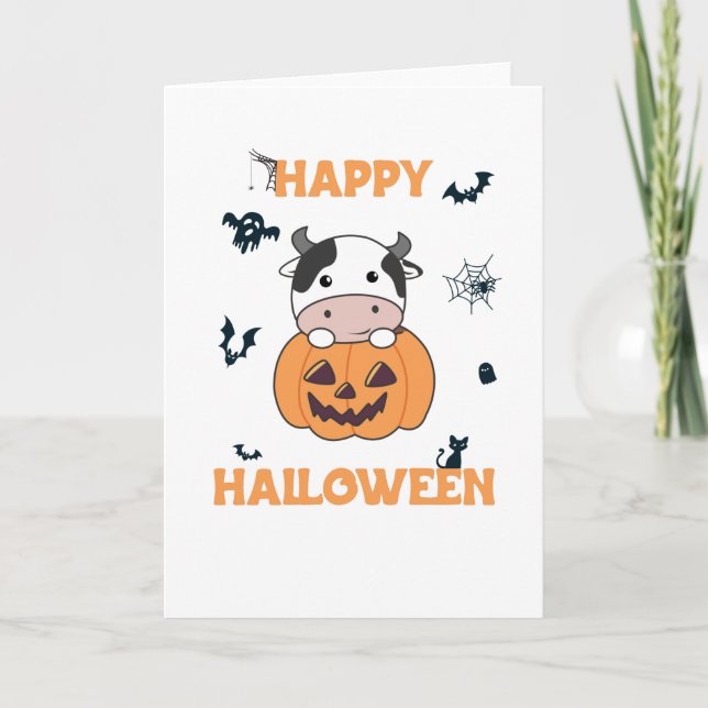 Kon i Pumpkin Cute Cows Happy halloween Kort (Framsida)