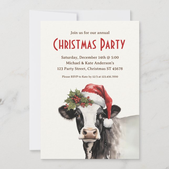 Kon i Santa Hat Farm Animal Dairy God Party Inbjudningar (Framsida)