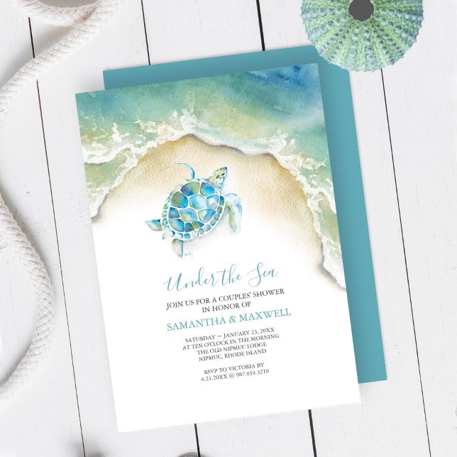 Kön - inbjudningar till nybörjare för spädbarnssko (Baby shower invitations watercolor sea turtle art by Victoria Grigaliunas Do Tell A Belle)
