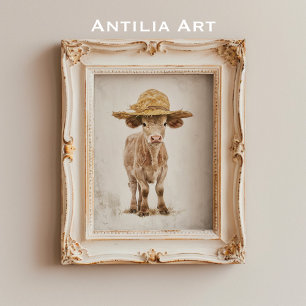 Kon med straw Hat Whimsical Farm Animal Calf Poster