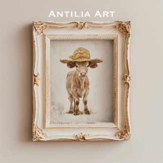 Kon med straw Hat Whimsical Farm Animal Calf Poster