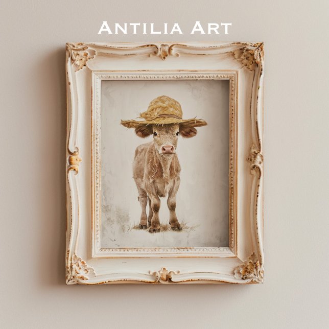 Kon med straw Hat Whimsical Farm Animal Calf Poster (Skapare uppladdad)